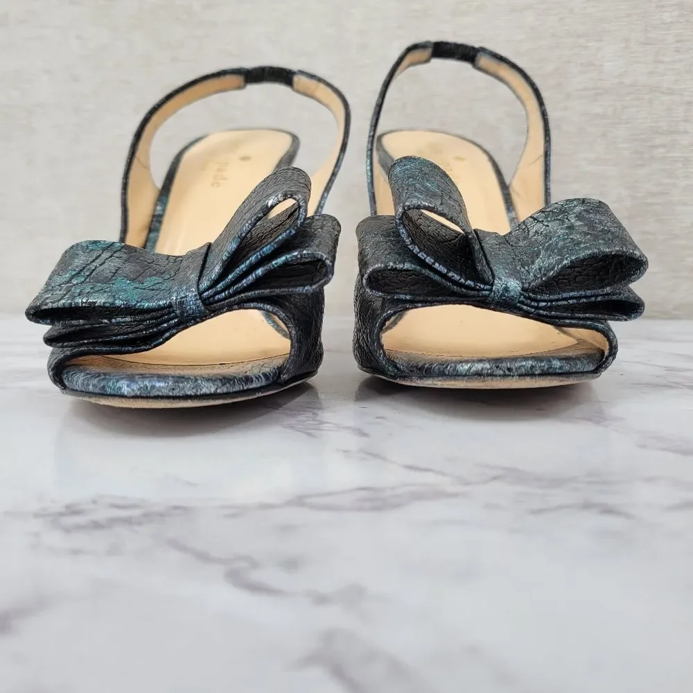 Kate Spade Leather Metallic Teal Silver Black Slingback Heels Bow Open Peep Toe